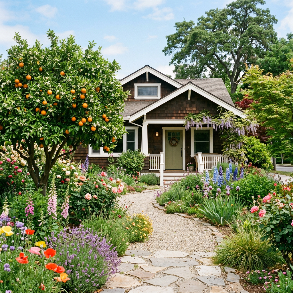 Cozy cottage with brown siding and green door surrounded by flowering plants and orange tree