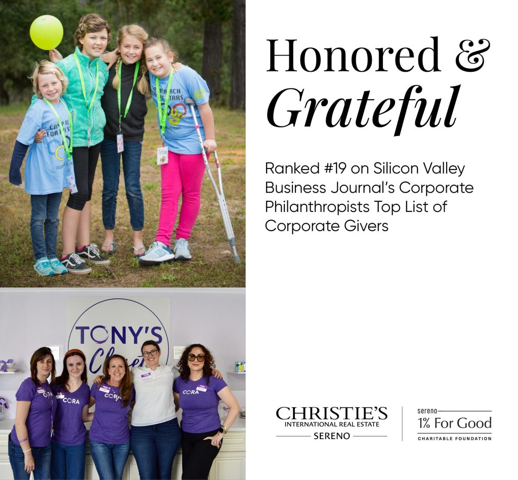Sereno 1% For Good graphic reading Honored and Grateful, ranked nineteenth on the Silicon Valley Business Journal's Corporate Philanthropists list, with photos from local charity programs including a youth camp, and CORA volunteers